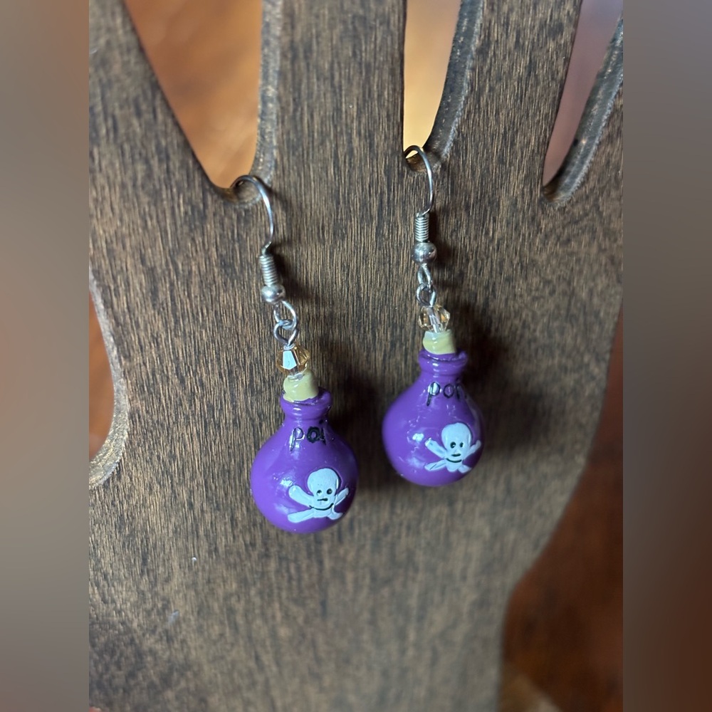 Purple Poison Bottle Dangle Earrings | Crystal Goth Y2K | 2 IN - Picture 4 of 7